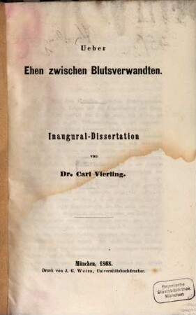 Ueber Ehen zwischen Blutsverwandten : Inaugural-Dissertation