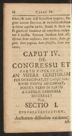 Caput IV. De Congressu Et Partu Viperarum. An Vipera Genituram Per Os Recipiat, Et Caput Maris In Coitu Abscindat, Postea Vero In Partu A Catulis Confossa Intereat?