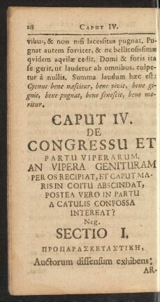 Caput IV. De Congressu Et Partu Viperarum. An Vipera Genituram Per Os Recipiat, Et Caput Maris In Coitu Abscindat, Postea Vero In Partu A Catulis Confossa Intereat?