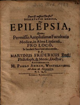 Dissertatio Medica, De Epilepsia