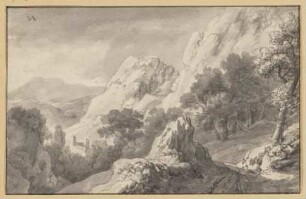Bergige Landschaft, vorne in der Mitte eine Felspartie