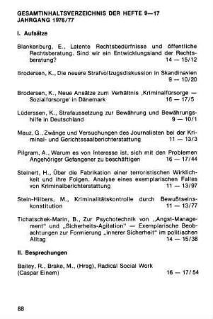 88-93, Gesamtinhaltsverzeichnis der Hefte 9-17, Jahrgang 1976/77