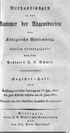 1,1: Landtag Württemberg - Kammer 2, Register, 1820-1821