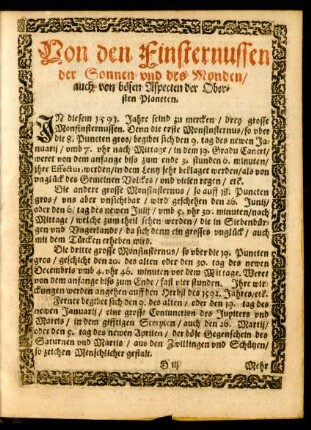 Von den Finsternussen der Sonnen und des Monden/ auch von bösen Aspecten der Obersten Planeten.