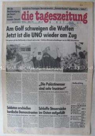 Fragment der Ost-Ausgabe der "tageszeitung" zur Feuerpause im Irak und zu Haltung der PLO zum Golfkrieg (Interview mit Arafat-Berater)