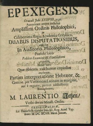 Epexegesis Oraculi Jobi XXXVIII, 31.32.