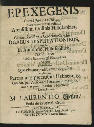 Epexegesis Oraculi Jobi XXXVIII, 31.32.