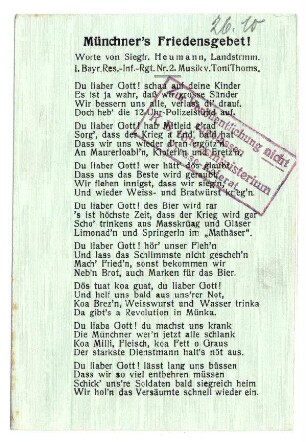 Postkarten mit Liedertexten: Münchner's Friedensgebet (verboten, mit Zensurvermerk 26.10.1916)