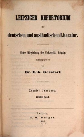 Leipziger Repertorium der deutschen und ausländischen Literatur, 40. 1852 = Jg. 10, Bd. 4