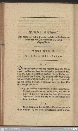 Dritter Abschnitt. Von denen vor diesem Gericht handelnden Personen und denen vor das Handelsgericht gehörenden Gegenständen