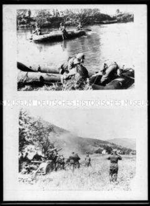 Soldaten in drei Schlauchbooten (oben); Soldaten mit einem Geschütz bei Kampfhandlungen (unten), 2. Weltkrieg