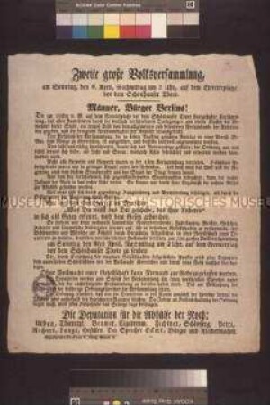 Maueranschlag: Männer, Bürger Berlins! Aufruf der Deputation für die Abhilfe der Not zur zweiten großen Volksversammlung am 9. April vor dem Schönhauser Tor; (Berlin, 4. April 1848)