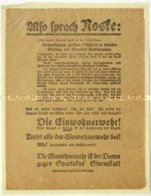 Aufruf zum Eintritt in die Einwohnerwehr im Zuge des Januaraufstandes 1919 in Berlin