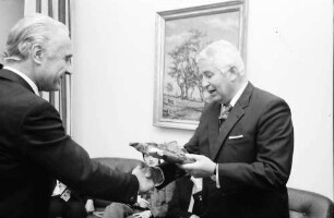 Freiburg: Regierungspräsidium; Filmvorführung: Oberrheinischer Narrentag 1975; Präsident der Narrenzünfte Baldringer; Übergabe eines Filmes an Regierungspräsident