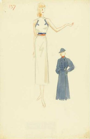 Frau in weißem Sommerkleid und blauem Mantel