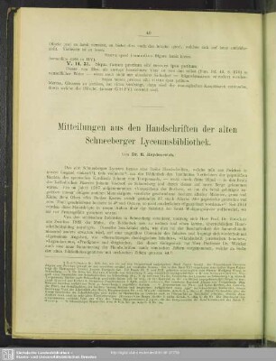 Mitteilungen aus den Handschriften der alten Schneeberger Lyceumsbibliothek