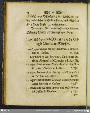 Tax- und Sportul-Ordnung vor die Collegia Medica in Schlesien