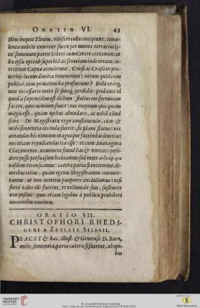 Oratio VII: Christophori Rhedigeri a Zetlitz Silesii