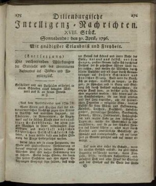 XVIII. Stück. Sonnabends: den 30. April 1796.