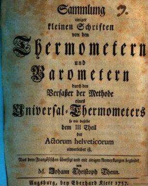 Sammlung einiger kleinen Schriften von den Thermometern und Barometern