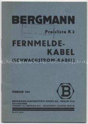 Liste über FERNMELDE-KABEL (SCHWACHSTROM-KABEL)