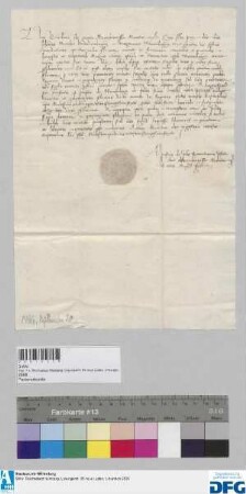Markgräfin Barbara von Mantua stellt der Stadt Nürnberg Quittung aus über 250 fl. von ihrem Vater Johann Markgraf von Brandenburg ererbtes Leibgeding. Aluisius de praetis Sekretär.