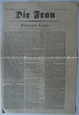 Wöchentliche Beilage "Die Frau" der Tageszeitung "Münchner Neueste Nachrichten" mit Titel zum 150. Todestag von Königin Luise