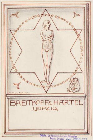 Einbandentwurf für den Musikverlag Breitkopf und Härtel in Leipzig : Einbandentwurf für den Musikverlag Breitkopf und Härtel in Leipzig. Bleistift, Feder und Tusche auf Papier; 18,4 x 12,2 cm (Blattgröße) (1925; M. Molitor). Dresden: SLUB Mscr.Dresd.App.2000,553