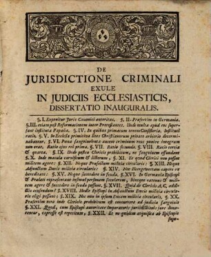 Diss. iur. inaug. de iurisdictione criminali exule in iudiciis ecclesiasticis