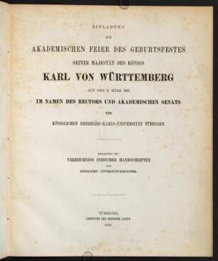 Einladung zur Akademischen Feier des Geburtsfestes seiner Majestät des Königs Karl von Württemberg...