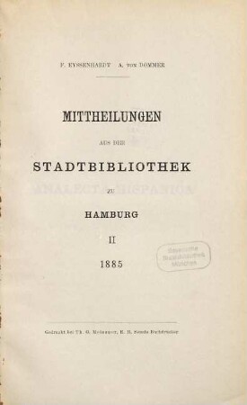Mitteilungen aus der Stadtbibliothek in Hamburg. 2. 1885