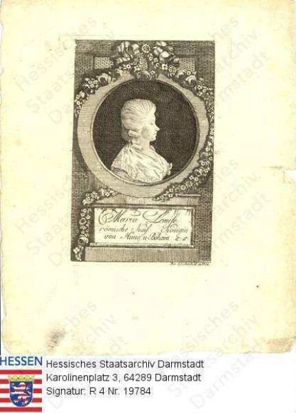 Maria Ludovika Kaiserin v. Österreich geb. Prinzessin v. Spanien (1745-1792) / Porträt, im Profil, in blumenbekränztem Medaillon, mit Sockelinschrift