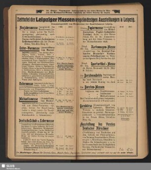 Zeittafel der Leipziger Messen u. regelmäßigen Ausstellungen in Leipzig