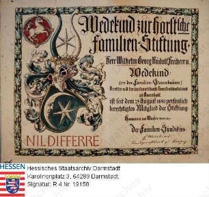 Wedekind, Wilhelm Freiherr v. (1830-1914) / Mitgliedsurkunde der Wedekind zur Horst'schen Familienstiftung für den Direktor der landwirtschaftlichen Genossenschaftsbank Wilhelm v. W.