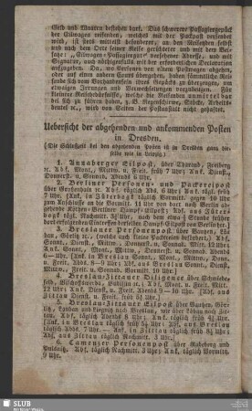 Uebersicht der abgehenden und ankommenden Posten in Dresden
