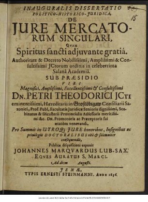 Inauguralis Dissertatio Politico-Historico-Iuridica, De Iure Mercatorum Singulari