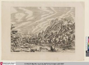 [Bergige Landschaft mit einer Stadt entlang eines Flusses, ein Boot und Fels im Vordergrund; River landscape with a barge on the river]