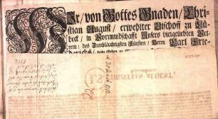 Wir/ von Gottes Gnaden/ Christian August/ erwehlter Bischoff zu Lübeck/ in Vormundschafft Unsers ... Herrn Carl Friederichs/ beide Erben zu Norwegen ... Fügen männiglichen ... dieser Hertzogthümer Schleßwig und Hollstein ... zu wissen: Wie daß ... Wir zu behueff des Credit-Wesens ... bereits unterm 10. Maji 1704. ... verordnet/ daß wann daselbst Concursus creditorum entstehen/ ... : Geben auff dem Schloß Gottorp/ den 30ten Martii 1712.