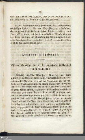 Dritter Abschnitt. Offenes Sendschreiben an die römischen Katholiken in Deutschland!