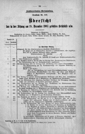 Übersicht der in der Sitzung gefaßten Beschlüsse u.s.w. (519.), 18. Dezember 1907