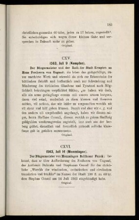 183, CXV. 1563, Juli 9 (Kempten) und CXVI. 1563, Juli 14 (Memmingen)