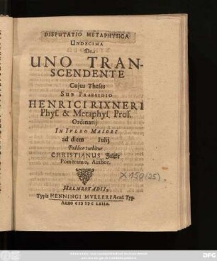 Disputatio Metaphysica Undecima De Uno Transcendente