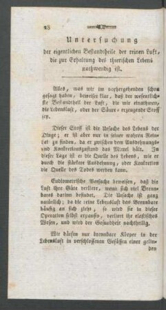 Untersuchung der eigentlichen Bestandtheile der reinen Luft, die zur Erhaltung des thierischen Lebens nothwendig ist.