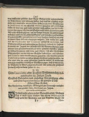 N. III. Vom Exorcismo oder Teuffels-Beschweren bey Administration der Heiligen Tauffe ...