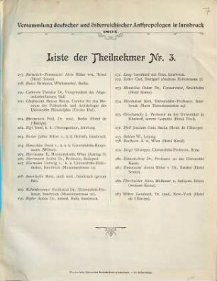 Versammlung deutscher und österreichischer Anthropologen in Innsbruck ; Liste der Theilnehmer Nr. 3.