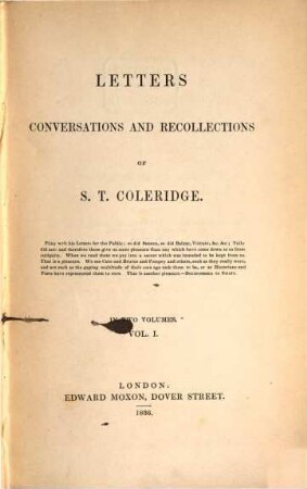 Letters, conversations and recollections of S. T. Coleridge : in two volumes, Vol. I