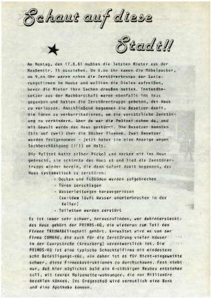 Flugschrift: Schaut auf diese Stadt!! 1981