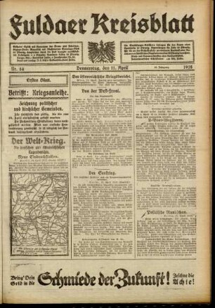 Erste Ausgabe vom Donnerstag, den 11. April 1918.