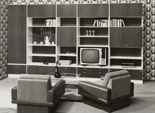 Anbauwand "Dänholm" : Wohnzimmermöbel (1973; Möbelkombinat Nord (MKN)). Anbauwand "Dänholm" und Sessel