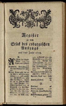 Register zu dem Stück des coburgischen Auszugs auf das Jahr 1758.